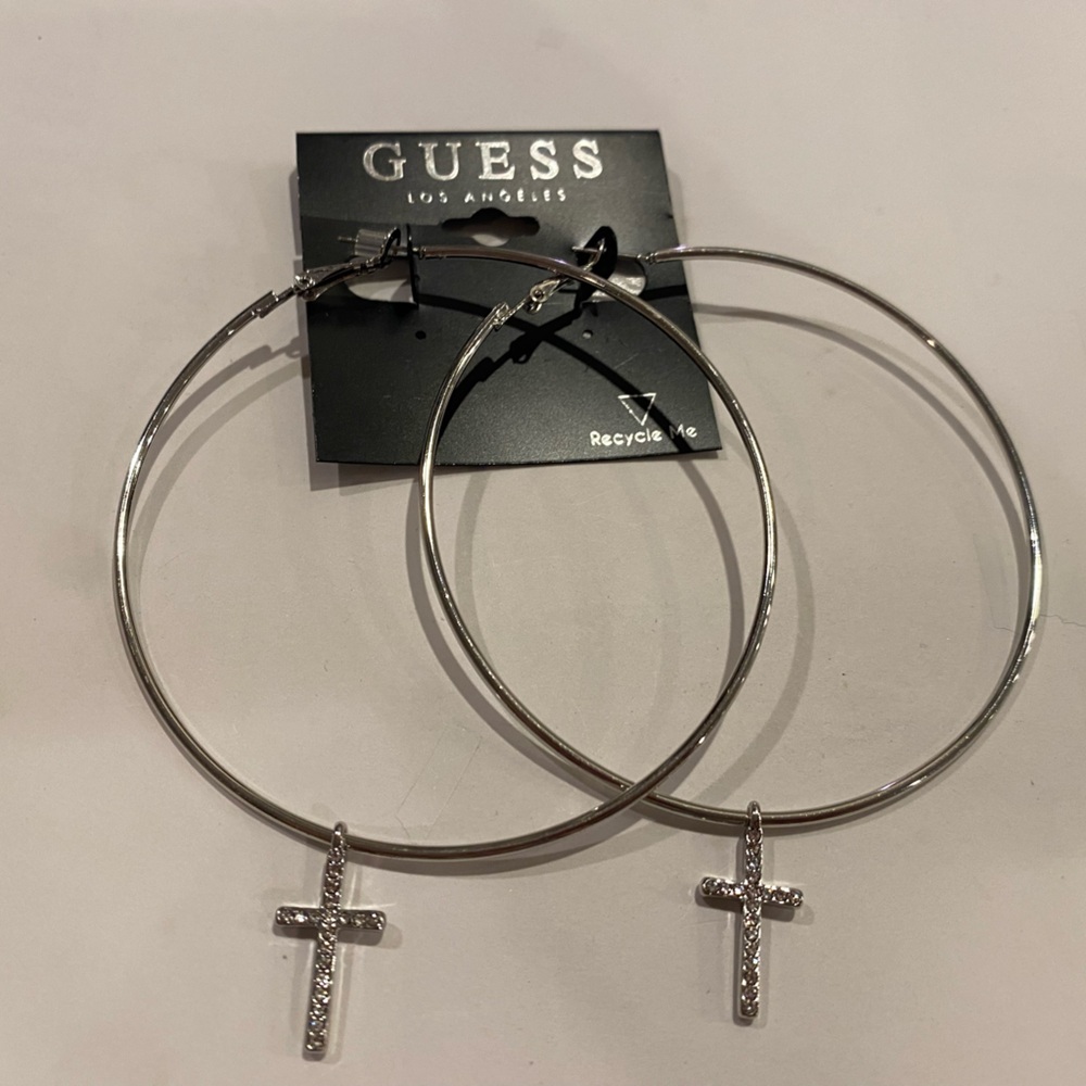 Guess Collection Silver 3” Large Hoop Earrings With Cross Charms Micropave
